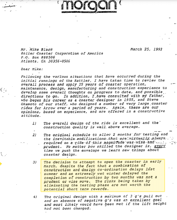 Memo describes rushed construction of the Rattler at Six Flags Fiesta Texas