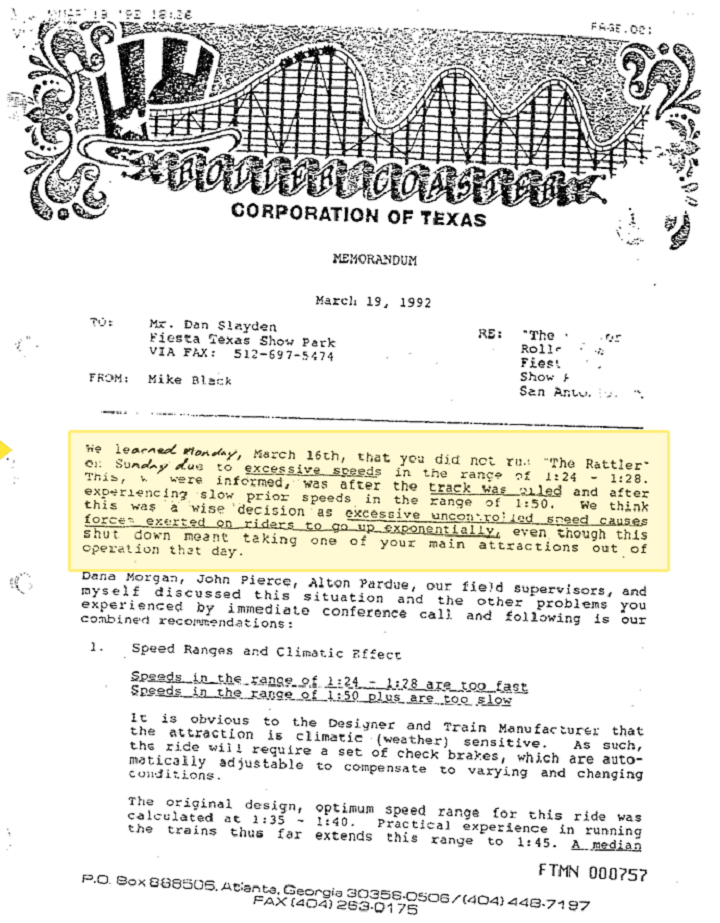 Six Flags Fiesta Texas Memo about the Rattler Rollercoaster