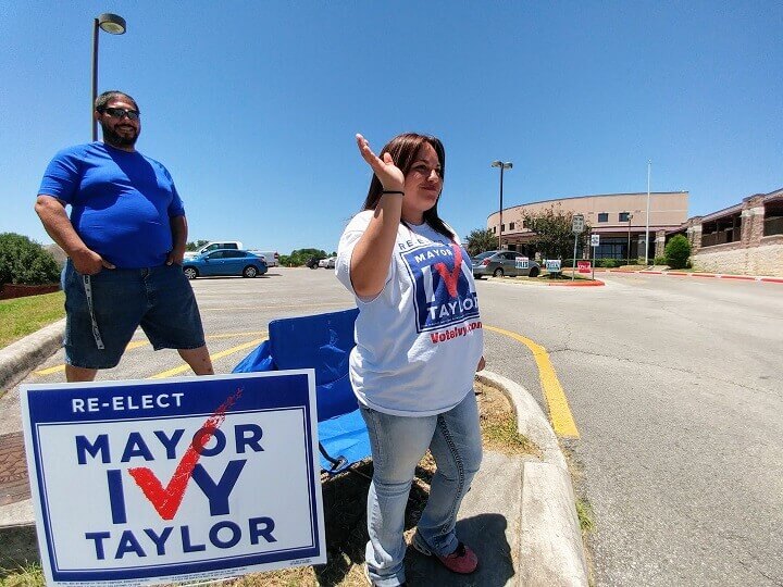 Campaign workers at Huebner Elementary in the May 2017 election
