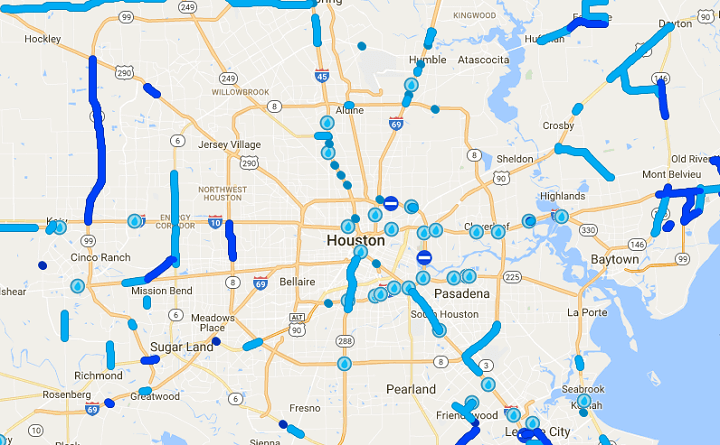 Map of flooded roadways in Houston during Tropical Storm Harvey
