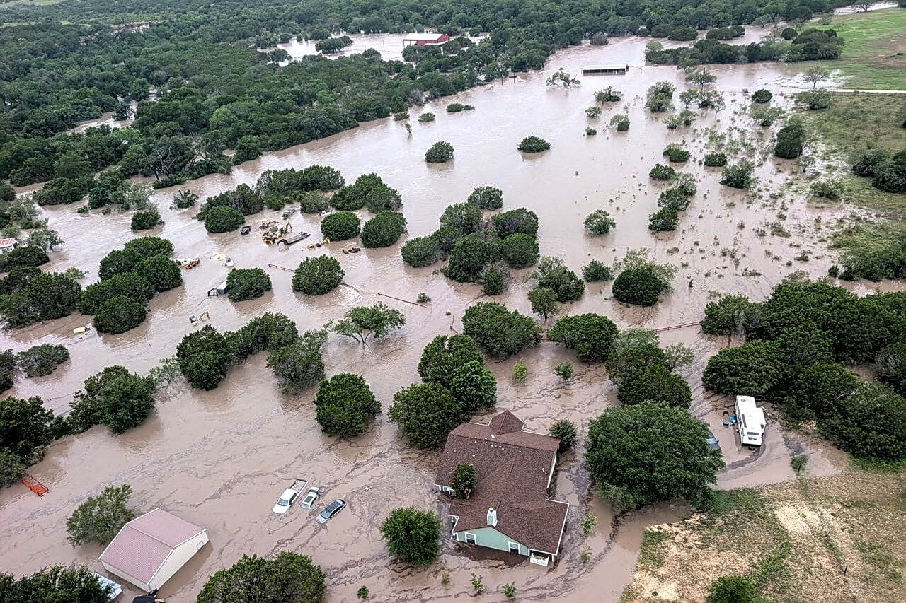 Aerial view of flooding on the Guadalupe River in Kerrville