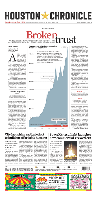 Broken Trust front page in the Houston Chronicle